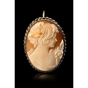Vintage 12K Gold Filled Shell Cameo Brooch Pendant Signed Carved Lady Portrait